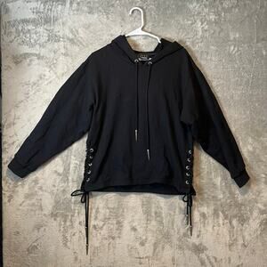 The Kooples‎ Sport Black Pullover Hoodie Size 2 US M Black Silver Hardware